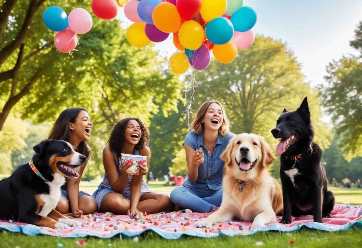A whimsical scene depicting a group of diverse friends laughing together at a picnic, surrounded by colorful balloons and confetti. The background shows a sunny park with blooming flowers and a playful dog adding to the joy. Each friend is animatedly sharing jokes, with comic speech bubbles floating above them filled with laughter. The image captures the essence of happiness and camaraderie. vibrant colors. super-realistic.