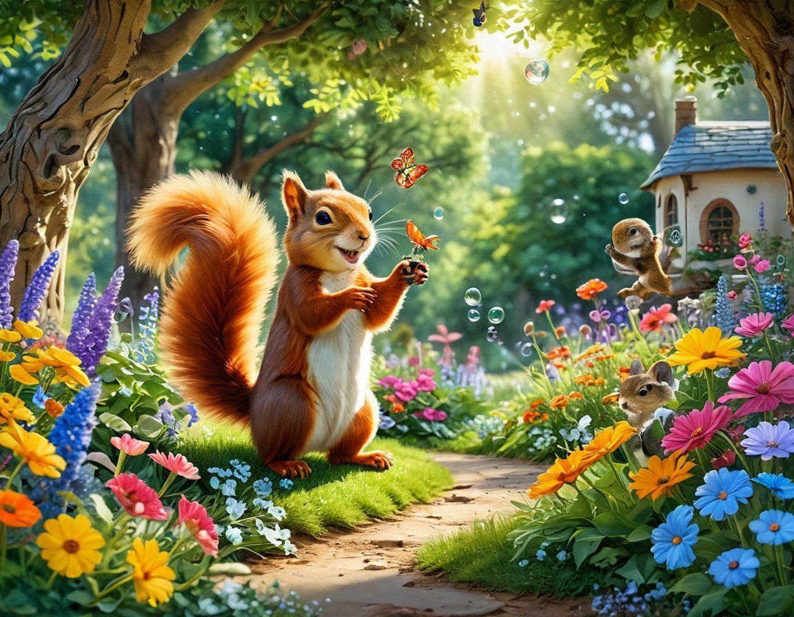 A whimsical scene depicting a lively garden filled with colorful flowers and playful animals engaging in light-hearted mischief, such as a mischievous squirrel stealing a flower, and children laughing while playing with bubbles. The atmosphere is bright and cheerful, with a radiant sun shining down, casting sparkling rays. Capture the essence of joy and laughter permeating through the air, surrounded by vibrant colors. vibrant colors. painting.
